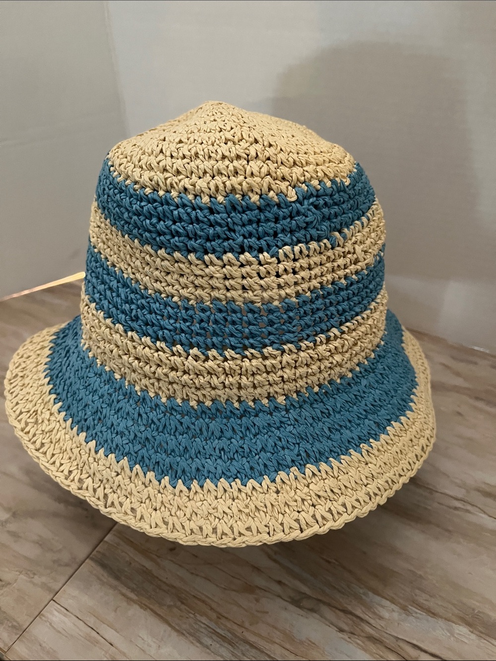H&M Blue and Cream Striped Crochet Bucket Sun  Hat
Sz S